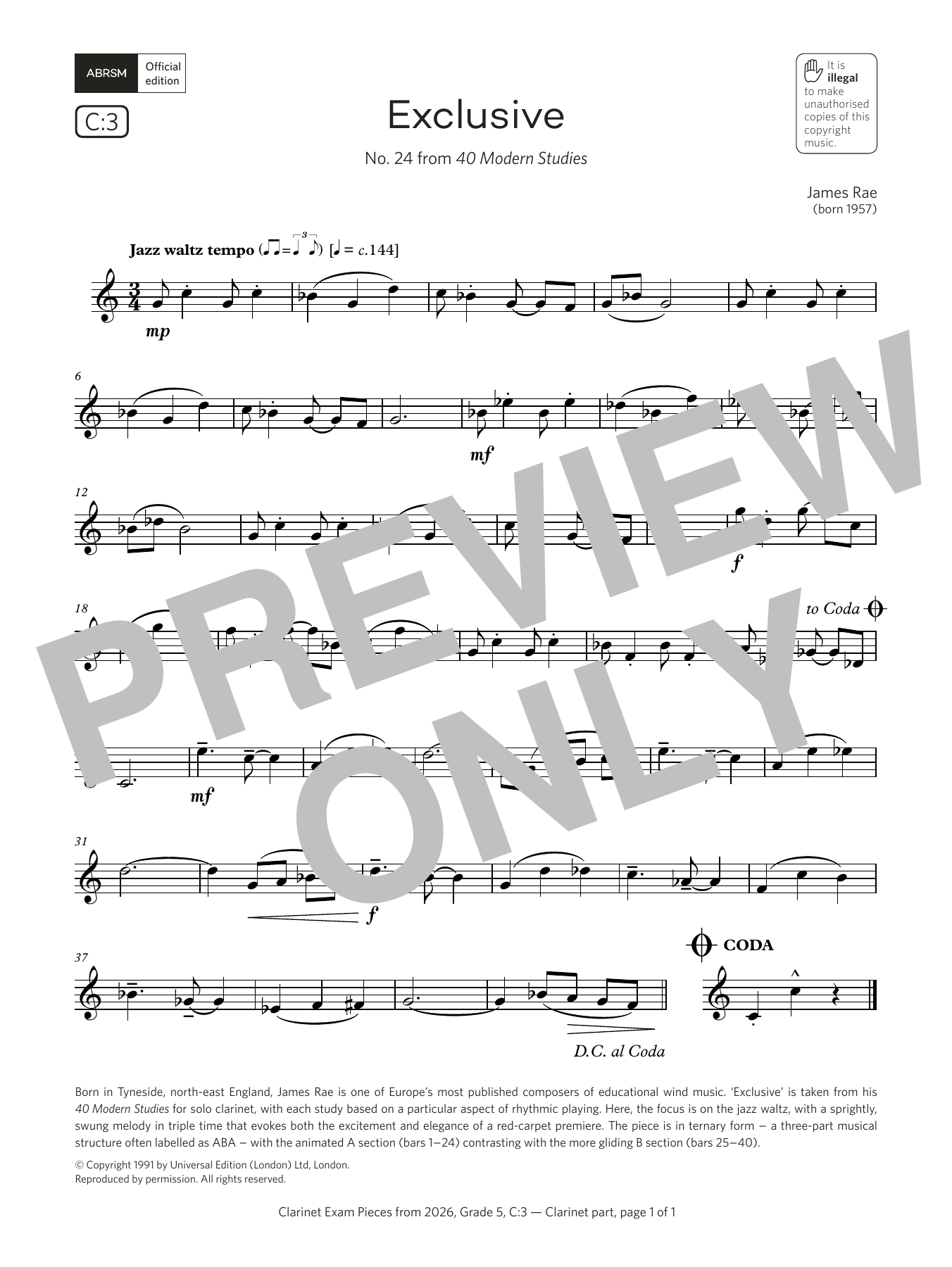 James Rae Exclusive (Grade 5, list C3, from the ABRSM Clarinet Syllabus from 2026) sheet music notes and chords arranged for Clarinet Solo