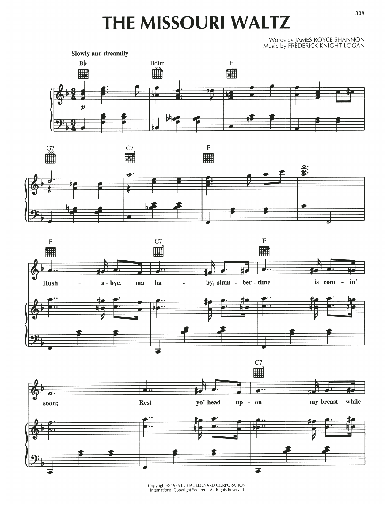 James Royce Shannon The Missouri Waltz sheet music notes and chords arranged for Piano, Vocal & Guitar Chords (Right-Hand Melody)