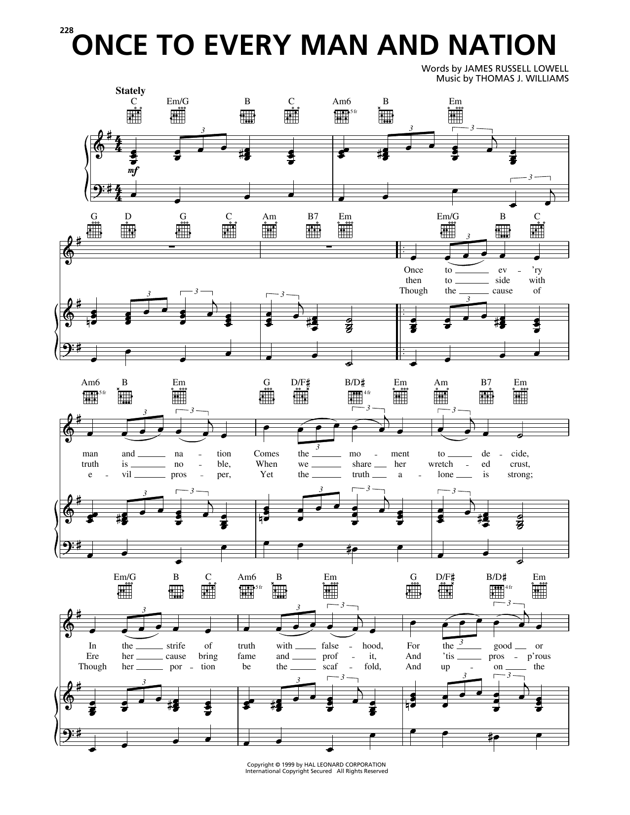 James Russell Lowell Once To Every Man And Nation sheet music notes and chords arranged for Piano, Vocal & Guitar Chords (Right-Hand Melody)