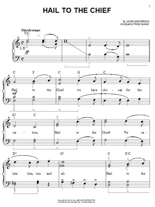 James Sanderson Hail To The Chief (arr. Phillip Keveren) sheet music notes and chords arranged for Piano Solo