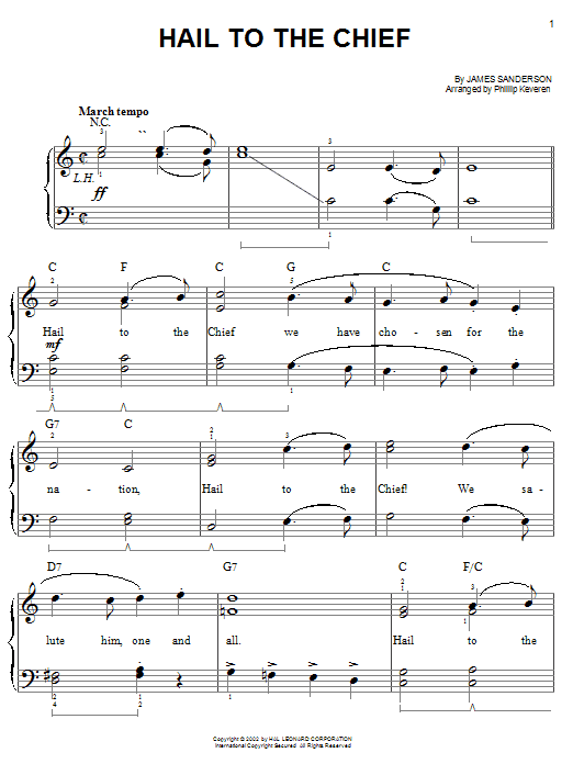 James Sanderson Hail To The Chief (arr. Phillip Keveren) sheet music notes and chords arranged for Easy Piano