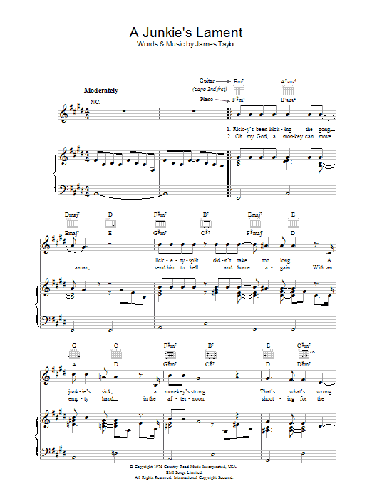 James Taylor A Junkie's Lament sheet music notes and chords arranged for Piano, Vocal & Guitar Chords