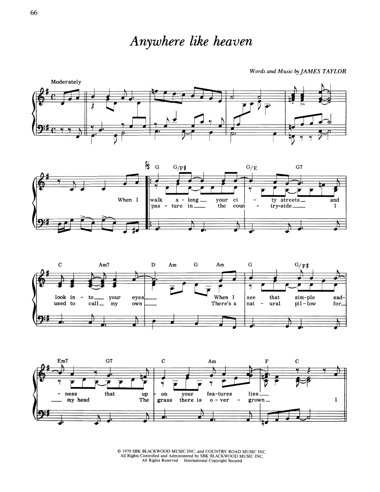 James Taylor Anywhere Like Heaven sheet music notes and chords arranged for Piano, Vocal & Guitar Chords (Right-Hand Melody)