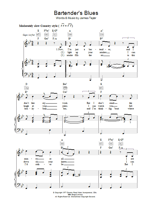 James Taylor Bartender's Blues sheet music notes and chords arranged for Piano, Vocal & Guitar Chords