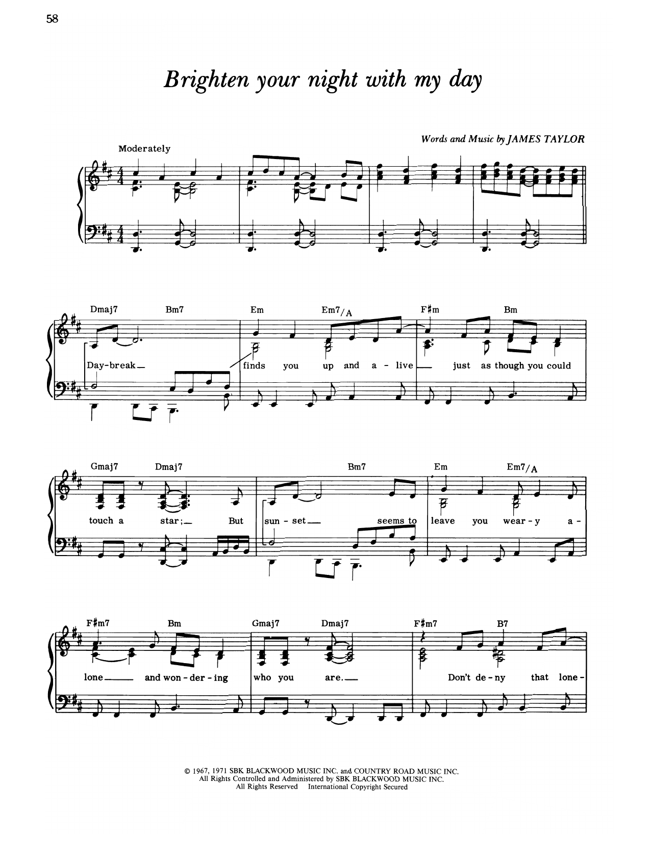 James Taylor Brighten Your Night With My Day sheet music notes and chords arranged for Piano, Vocal & Guitar Chords (Right-Hand Melody)