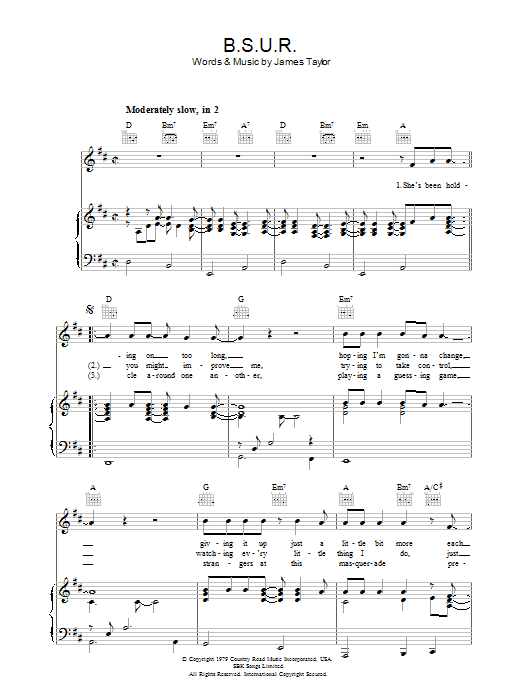 James Taylor B.S.U.R. sheet music notes and chords arranged for Piano, Vocal & Guitar Chords