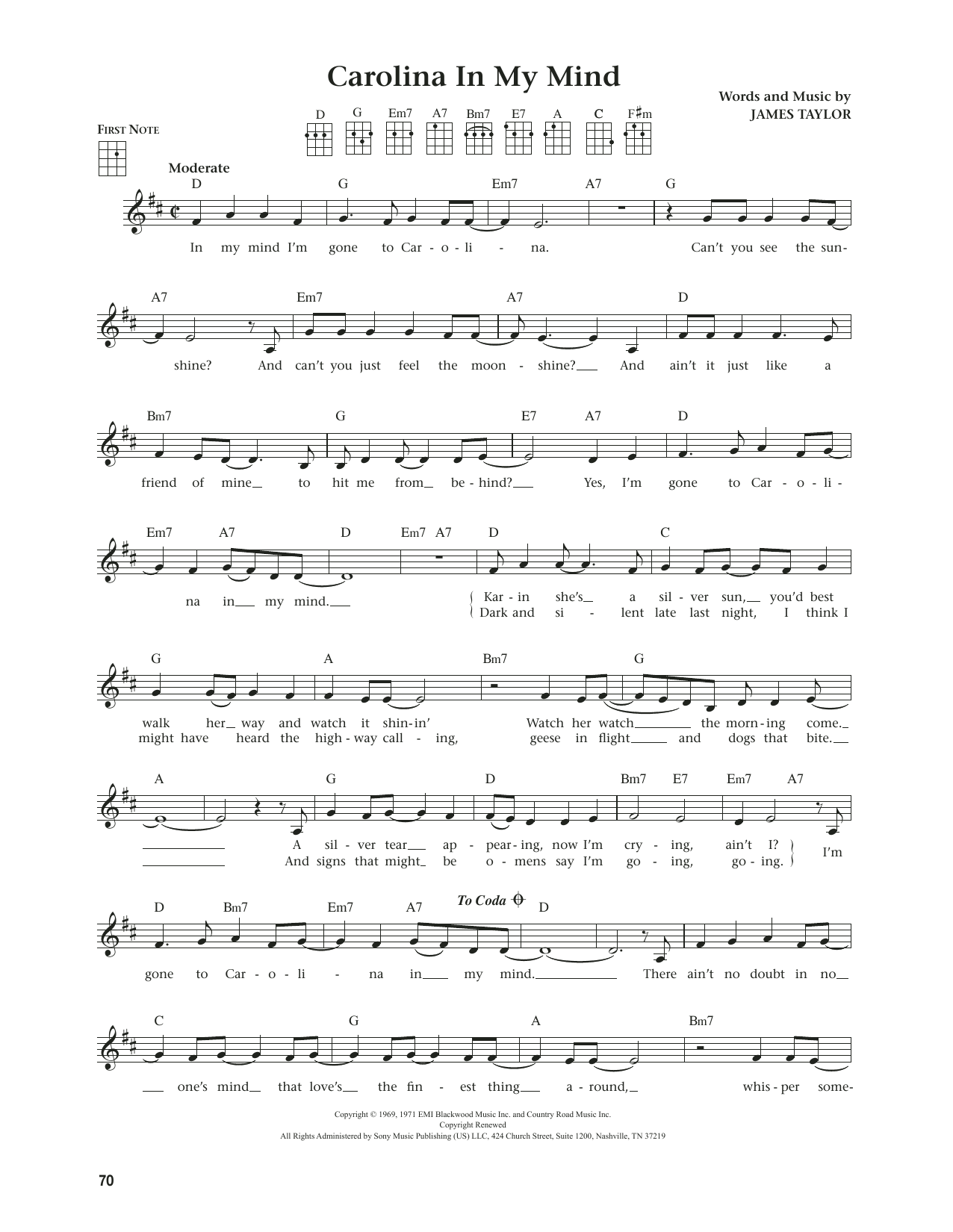 James Taylor Carolina In My Mind (from The Daily Ukulele) (arr. Jim Beloff) sheet music notes and chords arranged for Ukulele