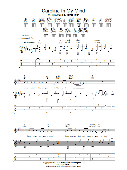 James Taylor Carolina In My Mind sheet music notes and chords arranged for Guitar Tab