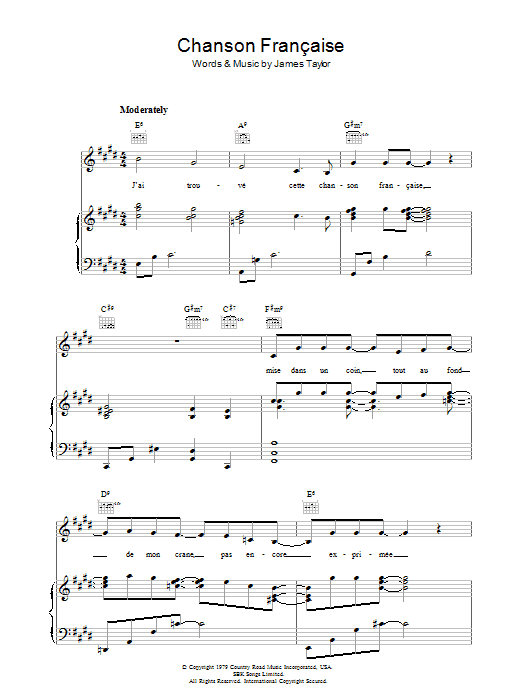 James Taylor Chanson Francaise sheet music notes and chords arranged for Piano, Vocal & Guitar Chords