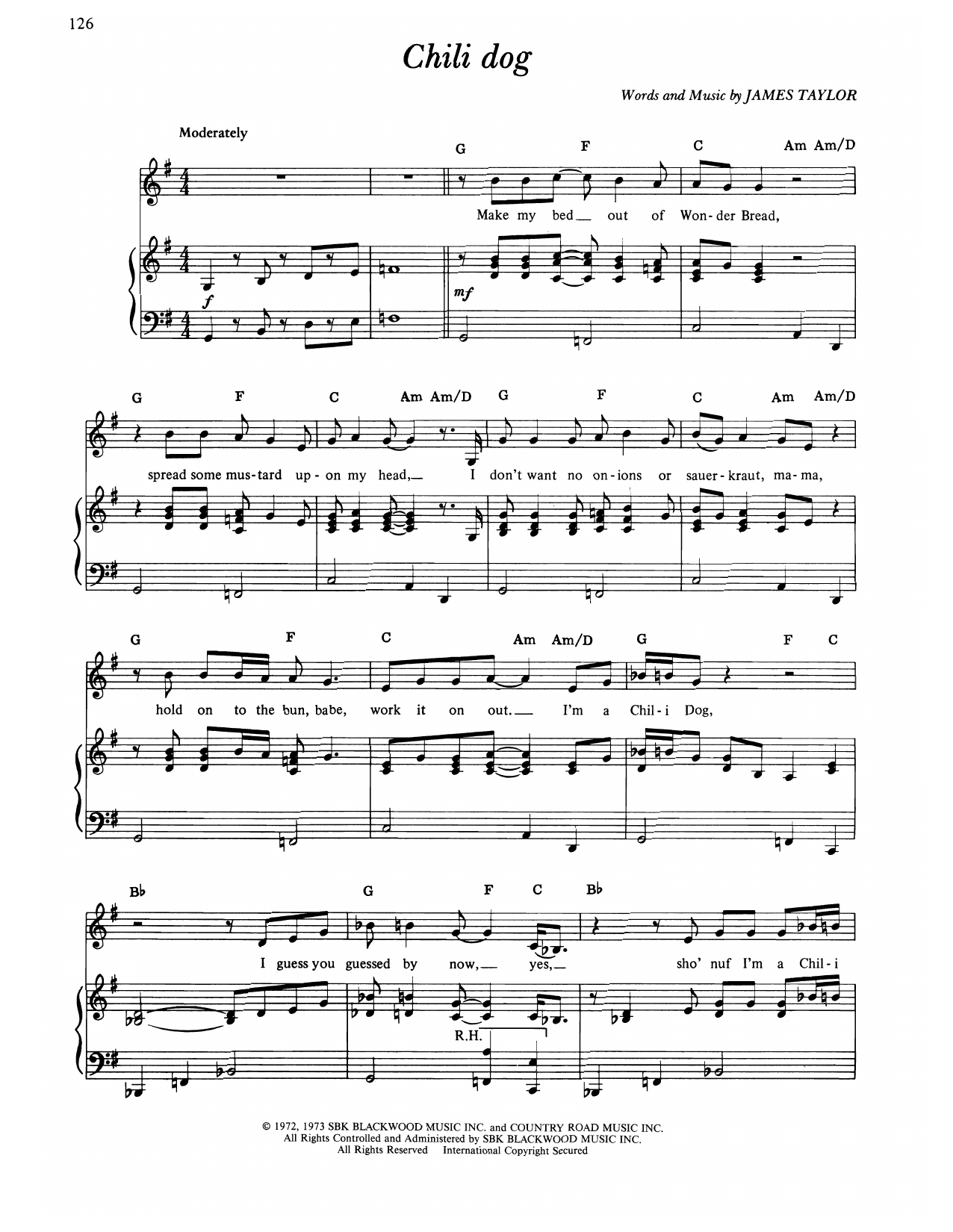 James Taylor Chili Dog sheet music notes and chords arranged for Piano, Vocal & Guitar Chords (Right-Hand Melody)