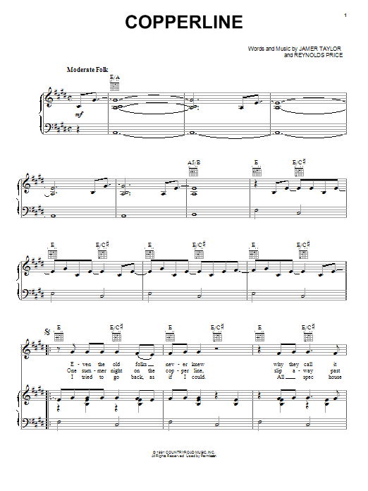 James Taylor Copperline sheet music notes and chords arranged for Piano, Vocal & Guitar Chords (Right-Hand Melody)