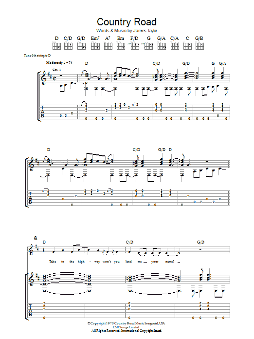 James Taylor Country Road sheet music notes and chords arranged for Guitar Tab