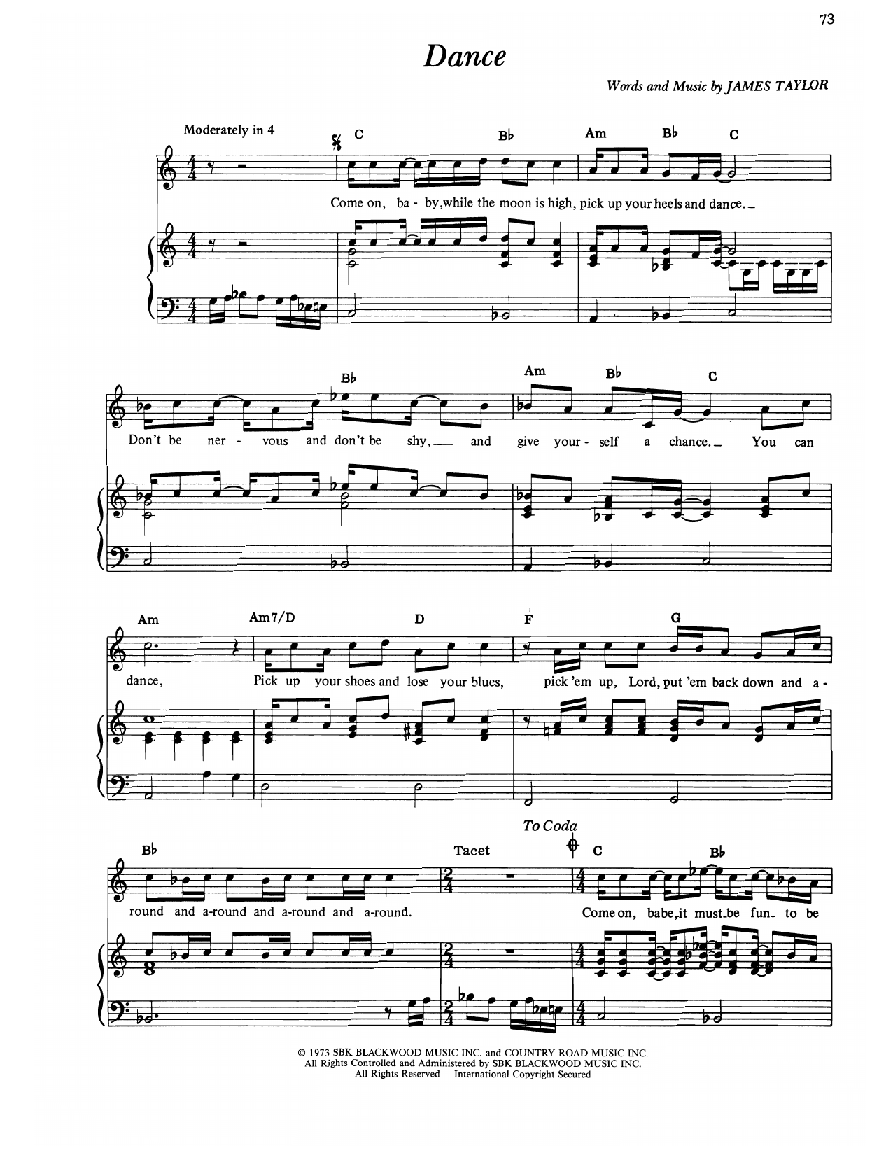 James Taylor Dance sheet music notes and chords arranged for Piano, Vocal & Guitar Chords (Right-Hand Melody)