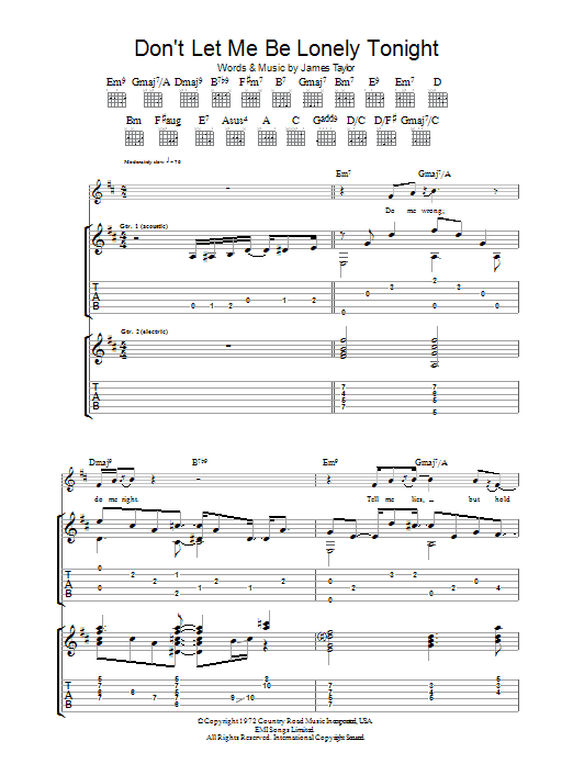 James Taylor Don't Let Me Be Lonely Tonight sheet music notes and chords arranged for Guitar Tab