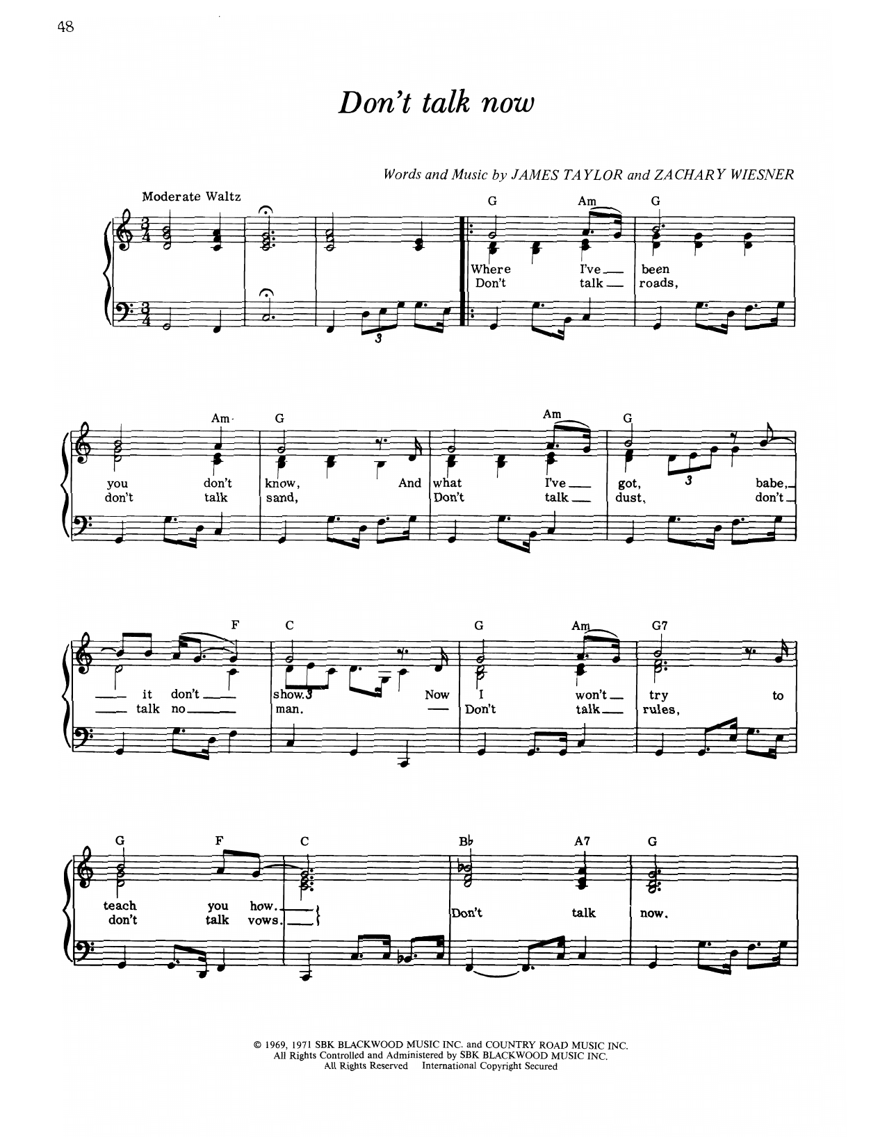 James Taylor Don't Talk Now sheet music notes and chords arranged for Piano, Vocal & Guitar Chords (Right-Hand Melody)