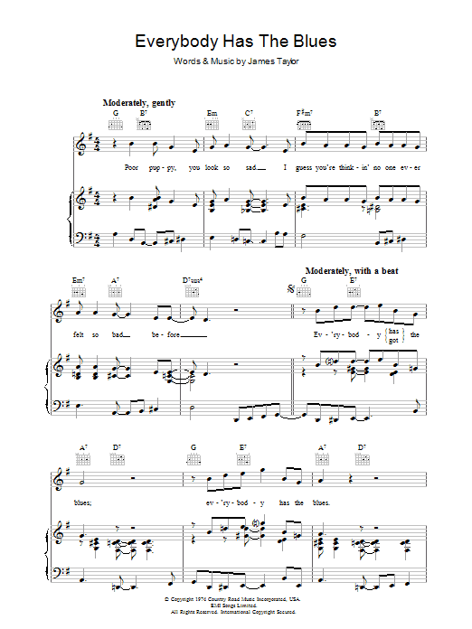 James Taylor Everybody Has The Blues sheet music notes and chords arranged for Piano, Vocal & Guitar Chords