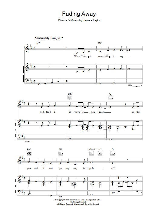 James Taylor Fading Away sheet music notes and chords arranged for Piano, Vocal & Guitar Chords