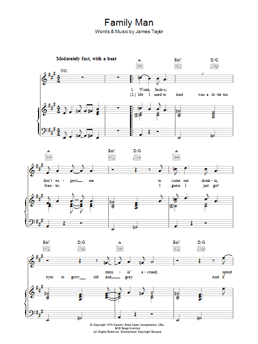 James Taylor Family Man sheet music notes and chords arranged for Piano, Vocal & Guitar Chords