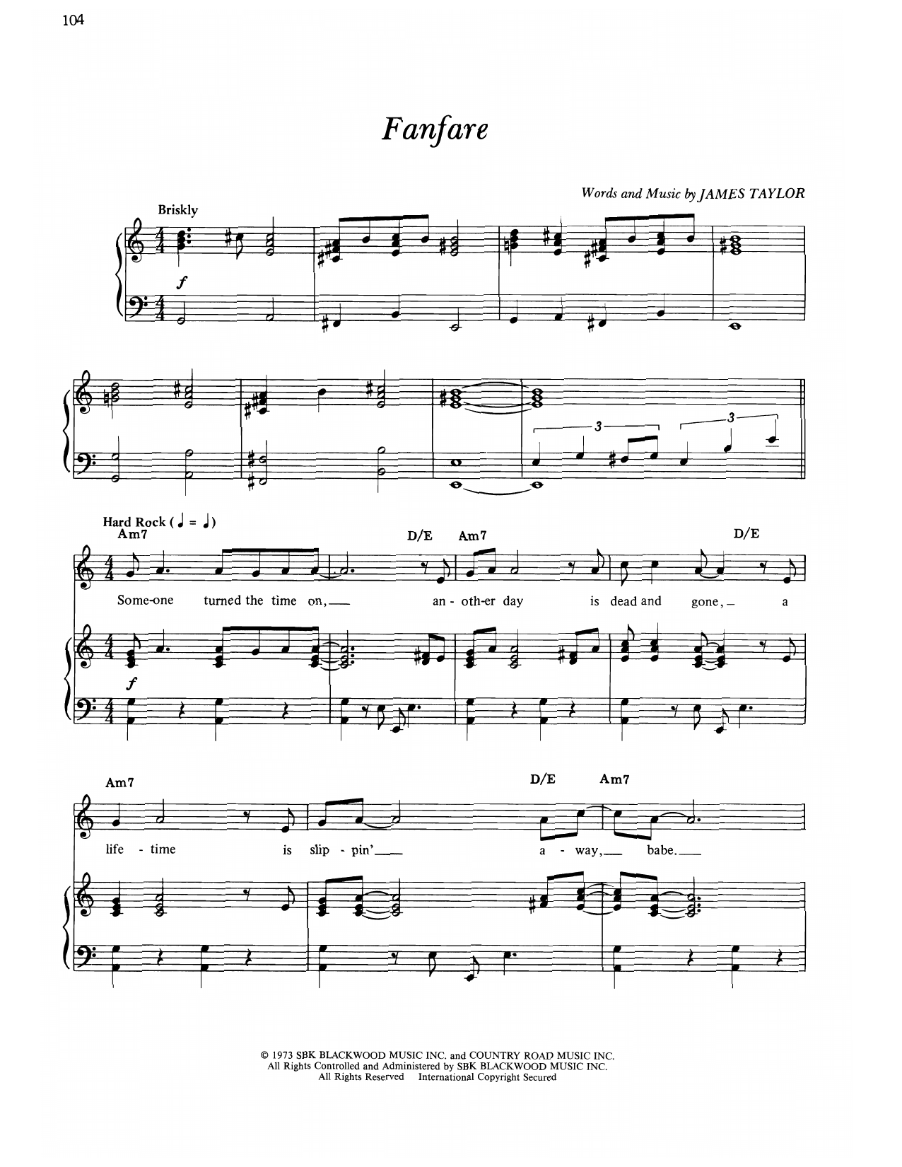James Taylor Fanfare sheet music notes and chords arranged for Piano, Vocal & Guitar Chords (Right-Hand Melody)