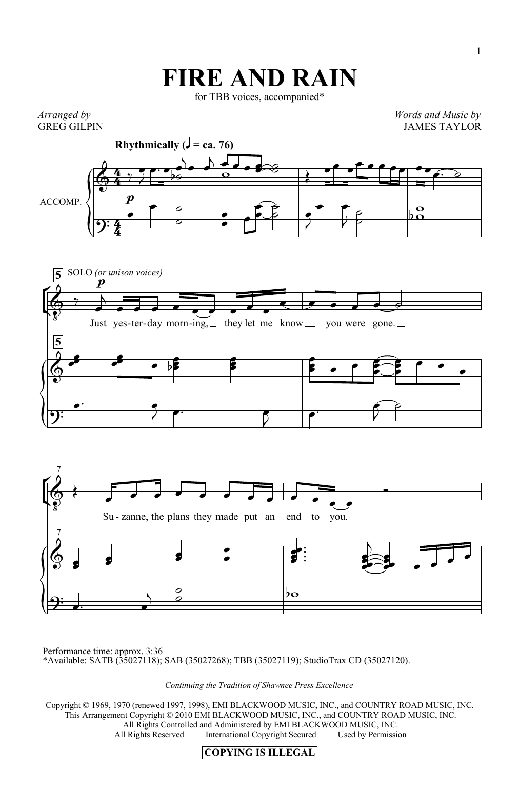 James Taylor Fire And Rain (arr. Greg Gilpin) sheet music notes and chords arranged for TBB Choir