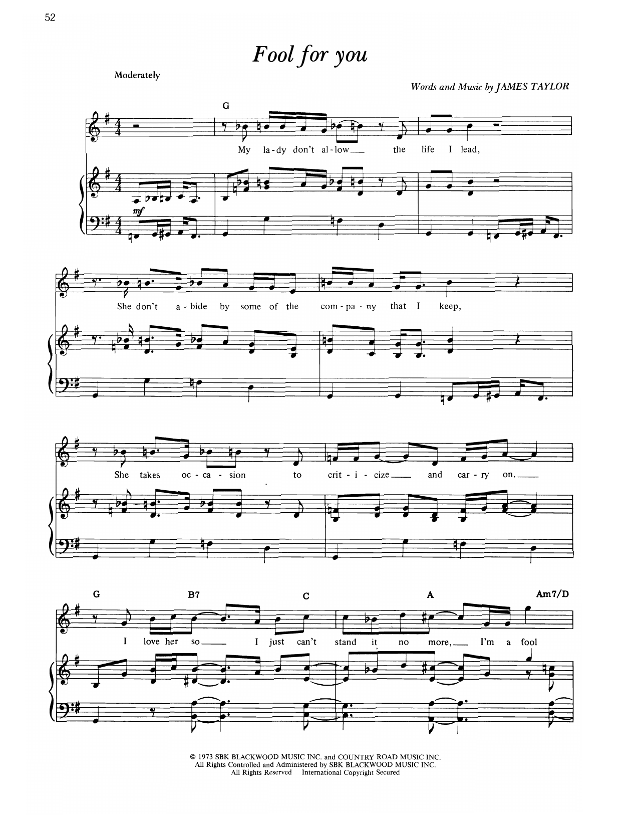 James Taylor Fool For You sheet music notes and chords arranged for Piano, Vocal & Guitar Chords (Right-Hand Melody)