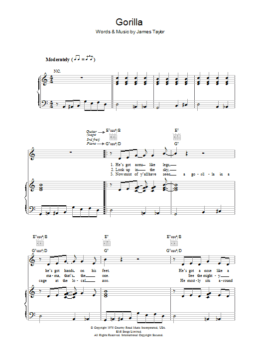 James Taylor Gorilla sheet music notes and chords arranged for Piano, Vocal & Guitar Chords
