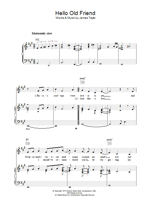 James Taylor Hello Old Friend sheet music notes and chords arranged for Piano, Vocal & Guitar Chords