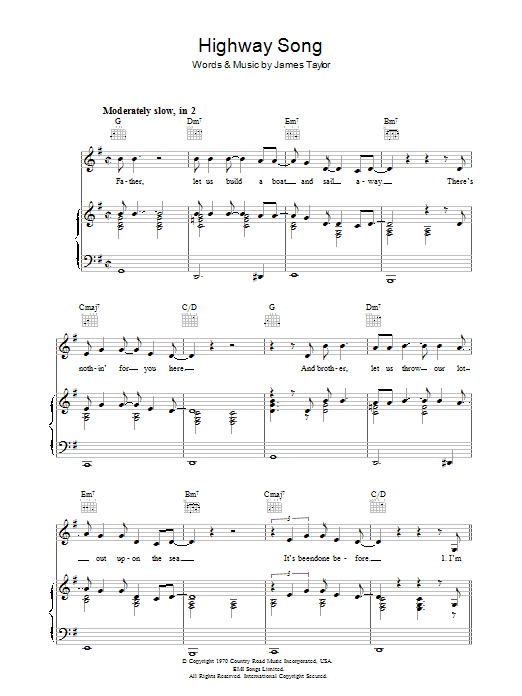 James Taylor Highway Song sheet music notes and chords arranged for Piano, Vocal & Guitar Chords