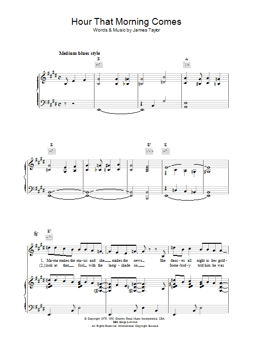 James Taylor Hour That Morning Comes sheet music notes and chords arranged for Piano, Vocal & Guitar Chords