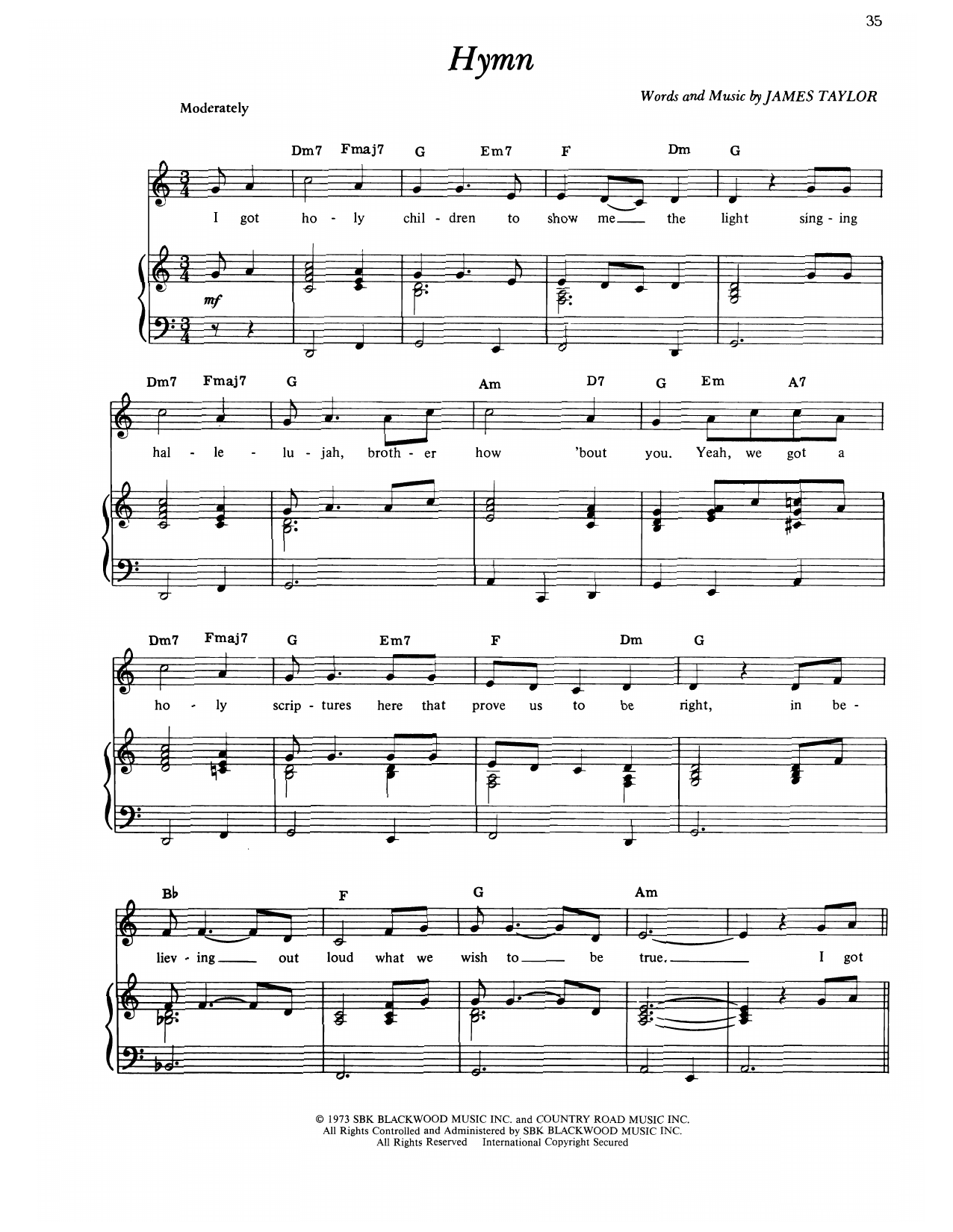 James Taylor Hymn sheet music notes and chords arranged for Piano, Vocal & Guitar Chords (Right-Hand Melody)