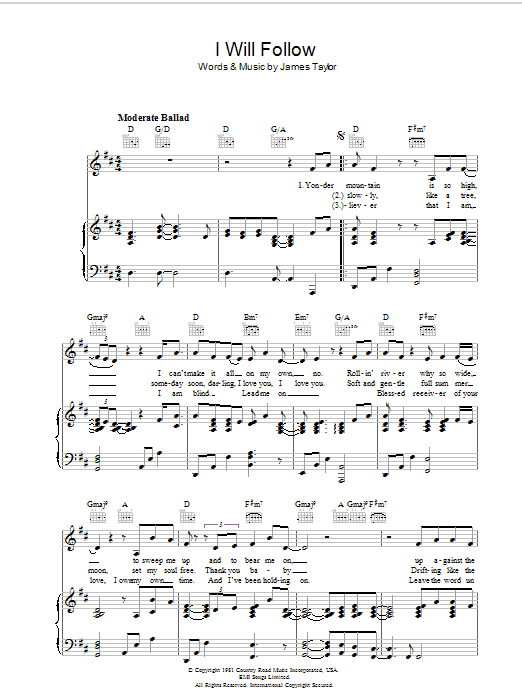 James Taylor I Will Follow sheet music notes and chords arranged for Piano, Vocal & Guitar Chords