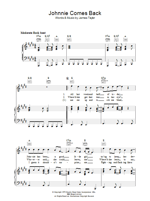 James Taylor Johnnie Comes Back sheet music notes and chords arranged for Piano, Vocal & Guitar Chords