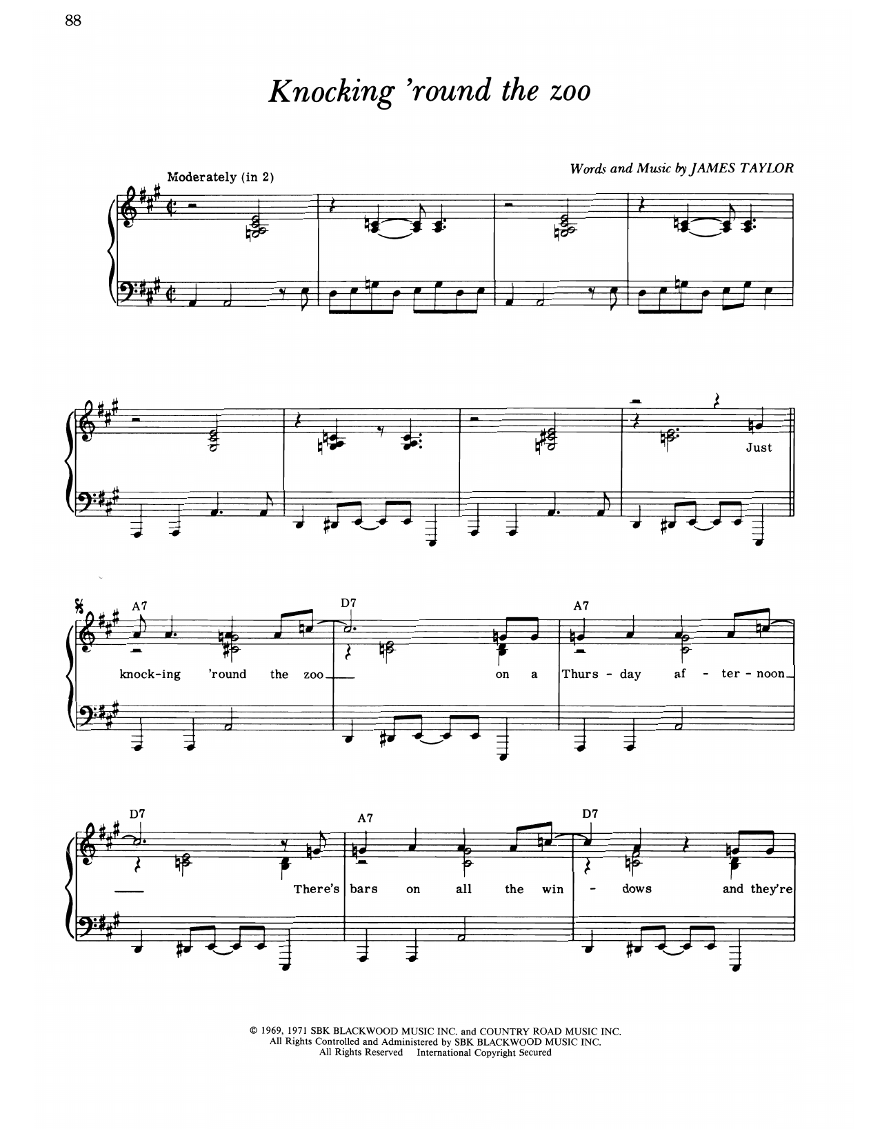 James Taylor Knocking 'round The Zoo sheet music notes and chords arranged for Piano, Vocal & Guitar Chords (Right-Hand Melody)
