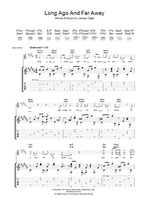 James Taylor Long Ago And Far Away sheet music notes and chords arranged for Guitar Tab
