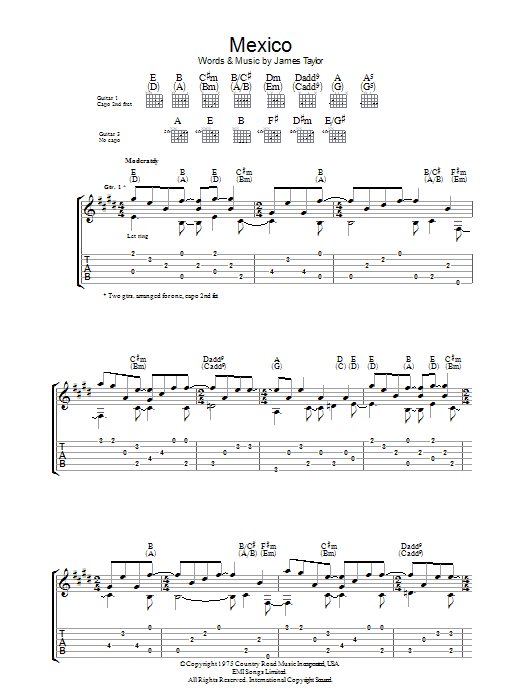 James Taylor Mexico sheet music notes and chords arranged for Piano, Vocal & Guitar Chords