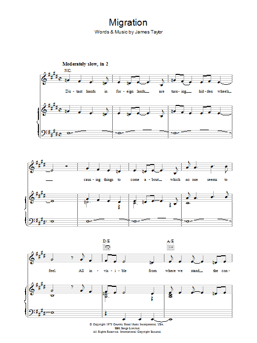 James Taylor Migration sheet music notes and chords arranged for Piano, Vocal & Guitar Chords