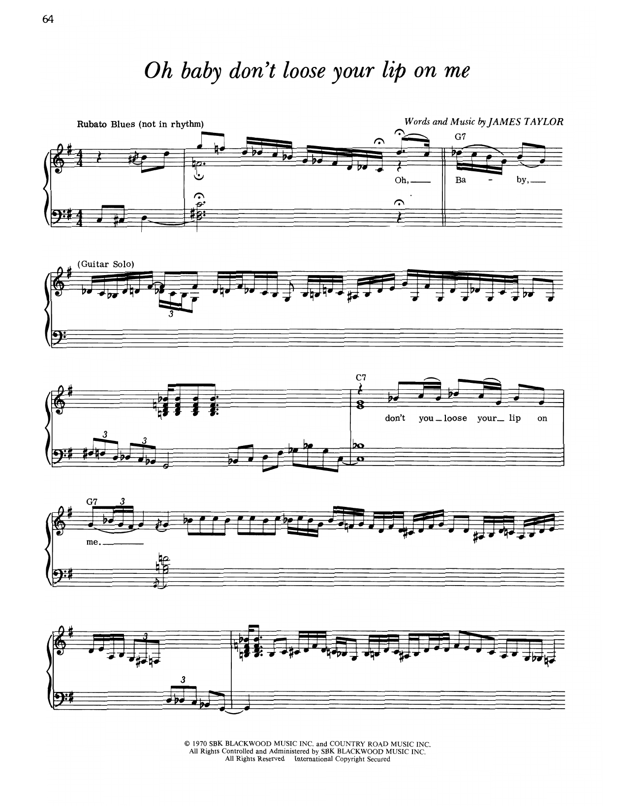 James Taylor Oh Baby Don't Loose Your Lip On Me sheet music notes and chords arranged for Piano, Vocal & Guitar Chords (Right-Hand Melody)