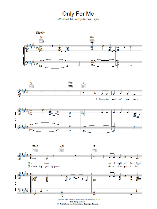 James Taylor Only For Me sheet music notes and chords arranged for Piano, Vocal & Guitar Chords