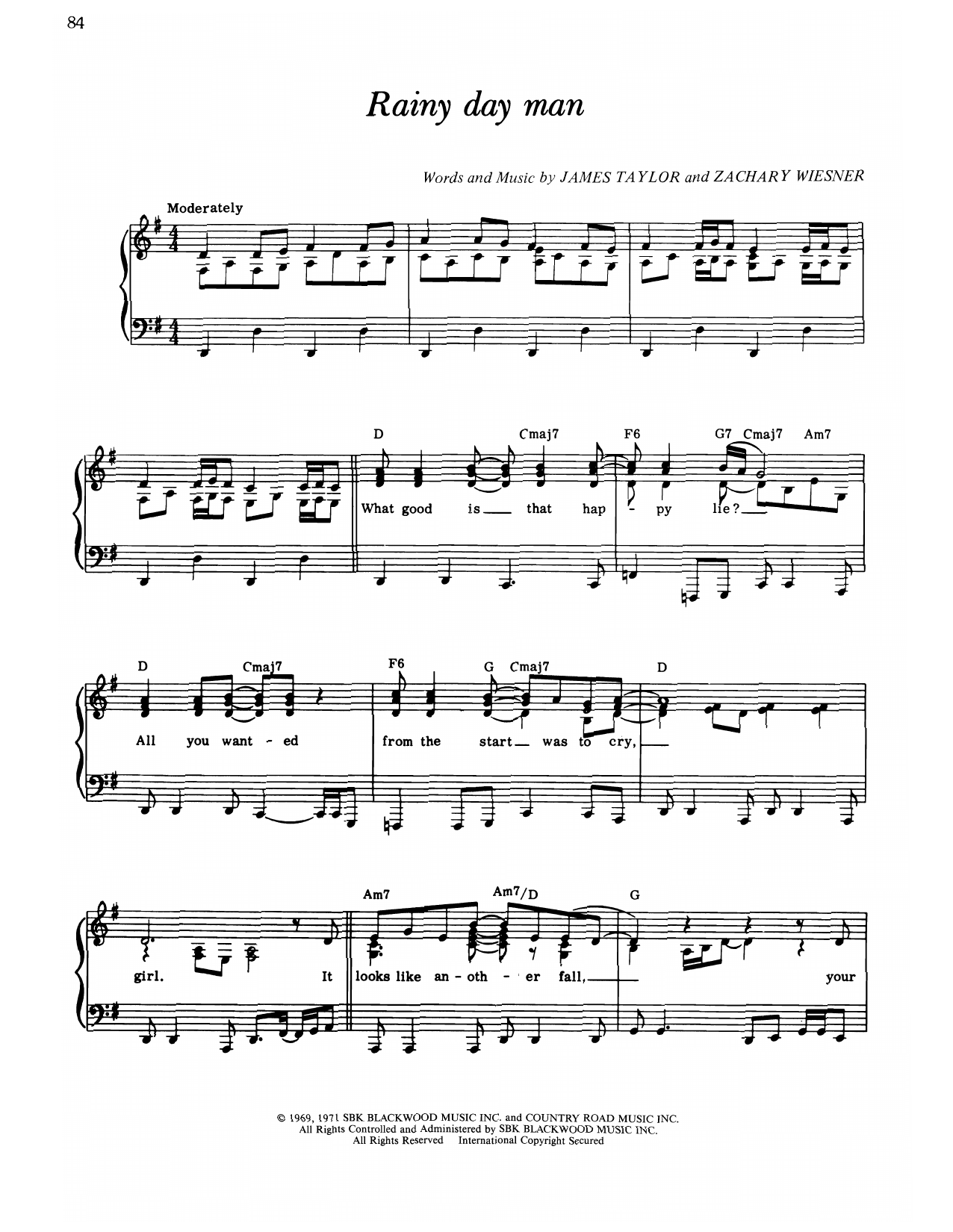 James Taylor Rainy Day Man sheet music notes and chords arranged for Piano, Vocal & Guitar Chords (Right-Hand Melody)