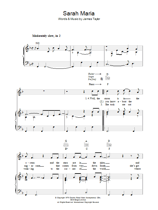 James Taylor Sarah Maria sheet music notes and chords arranged for Piano, Vocal & Guitar Chords