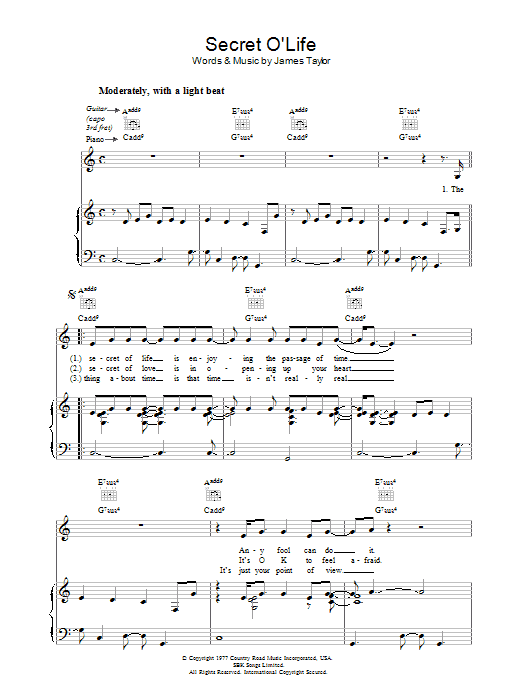 James Taylor Secret O'Life sheet music notes and chords arranged for Piano, Vocal & Guitar Chords