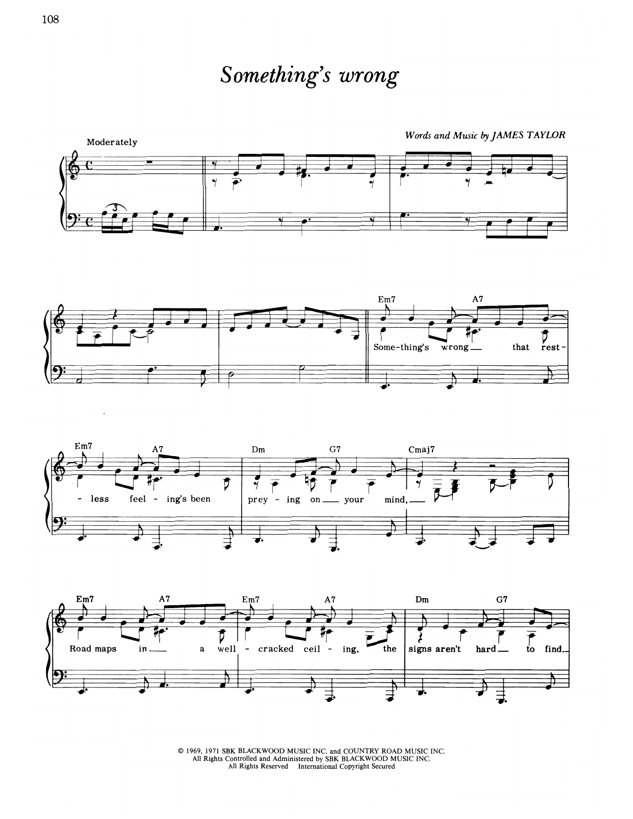James Taylor Something's Wrong sheet music notes and chords arranged for Piano, Vocal & Guitar Chords (Right-Hand Melody)