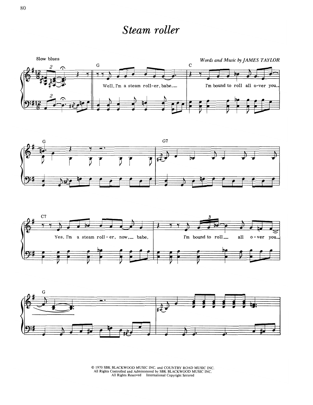 James Taylor Steamroller (Steamroller Blues) sheet music notes and chords arranged for Piano, Vocal & Guitar Chords (Right-Hand Melody)