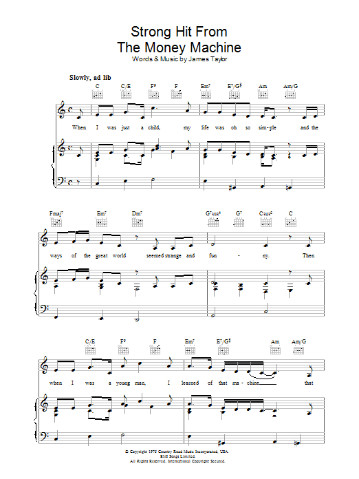 James Taylor Strong Hit From The Money Machine sheet music notes and chords arranged for Piano, Vocal & Guitar Chords