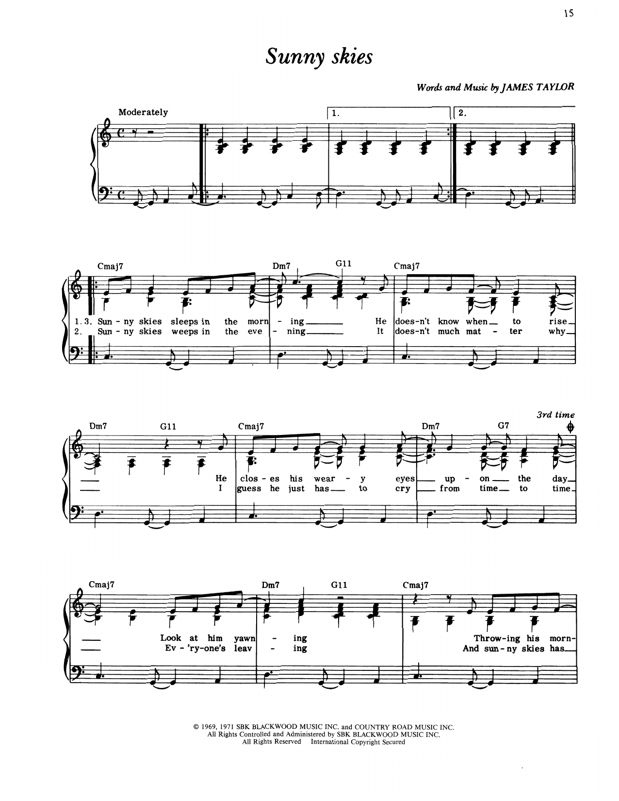 James Taylor Sunny Skies sheet music notes and chords arranged for Piano, Vocal & Guitar Chords (Right-Hand Melody)