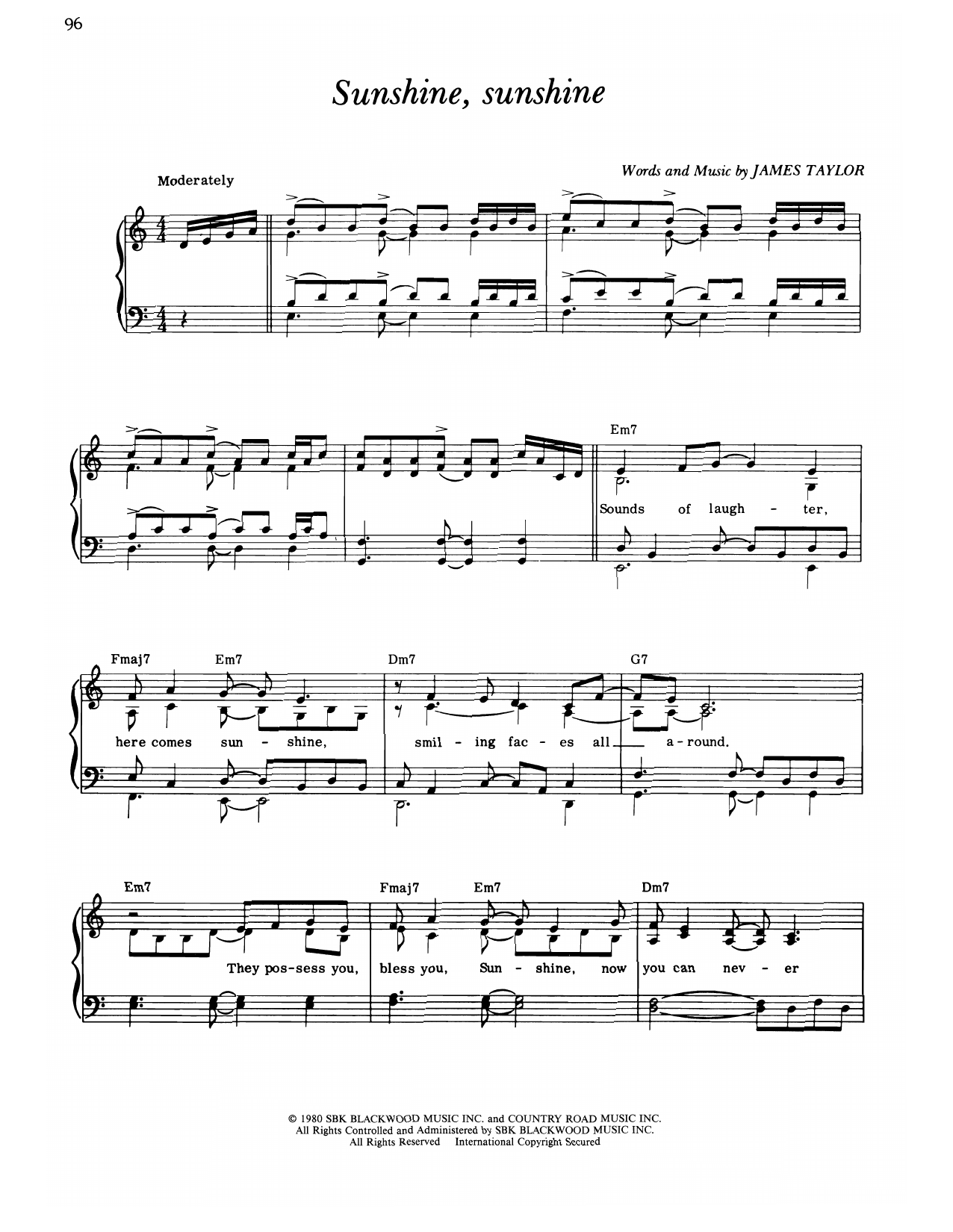 James Taylor Sunshine, Sunshine sheet music notes and chords arranged for Piano, Vocal & Guitar Chords (Right-Hand Melody)