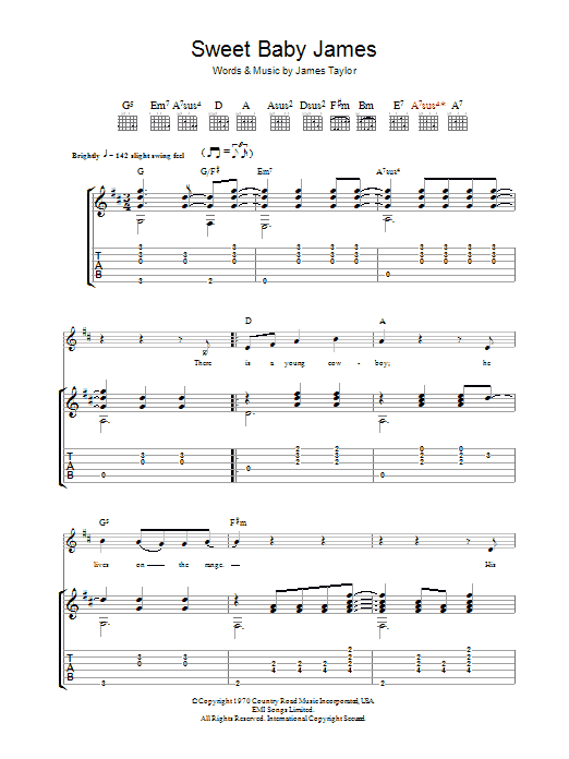 James Taylor Sweet Baby James sheet music notes and chords arranged for Piano, Vocal & Guitar Chords (Right-Hand Melody)