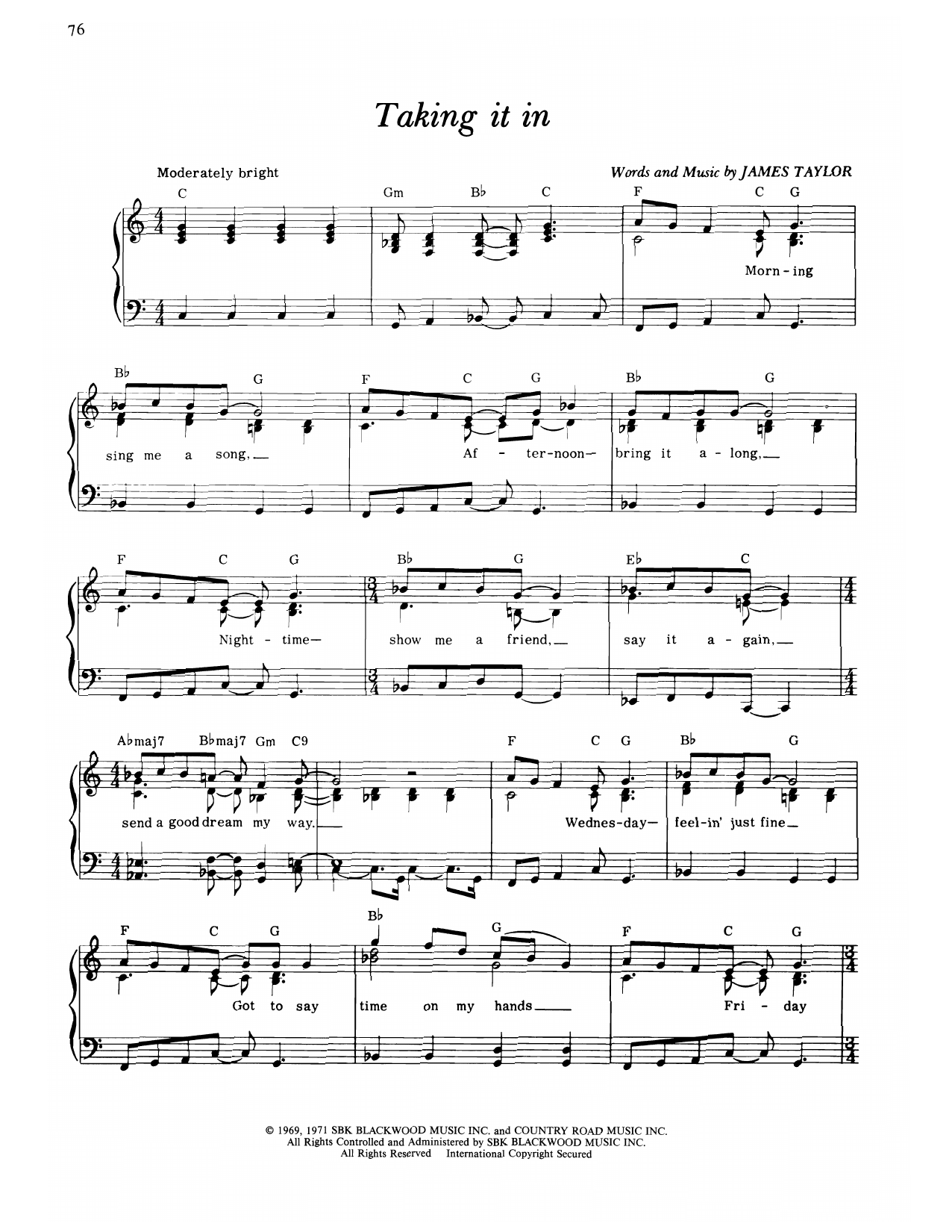 James Taylor Taking It In sheet music notes and chords arranged for Piano, Vocal & Guitar Chords (Right-Hand Melody)