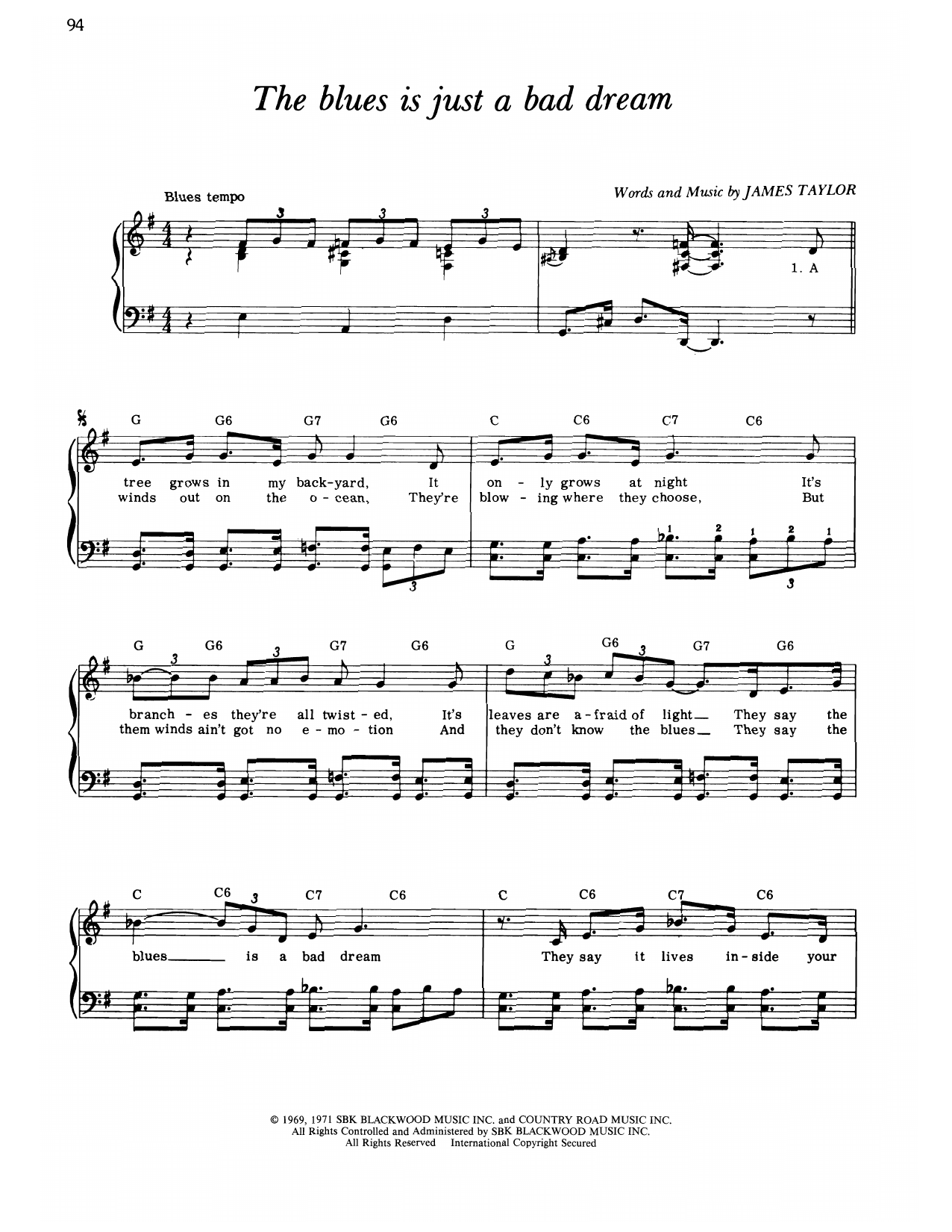 James Taylor The Blues Is Just A Bad Dream sheet music notes and chords arranged for Piano, Vocal & Guitar Chords (Right-Hand Melody)