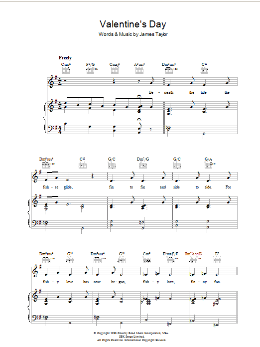 James Taylor Valentine's Day sheet music notes and chords arranged for Piano, Vocal & Guitar Chords